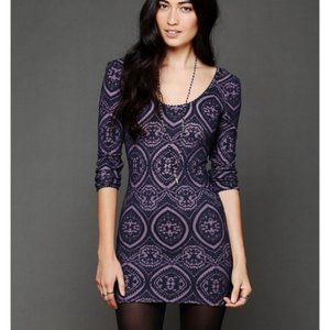 Free People Masquerade Belle Tunic Dress Large Bodycon Purple Blue Damask Print